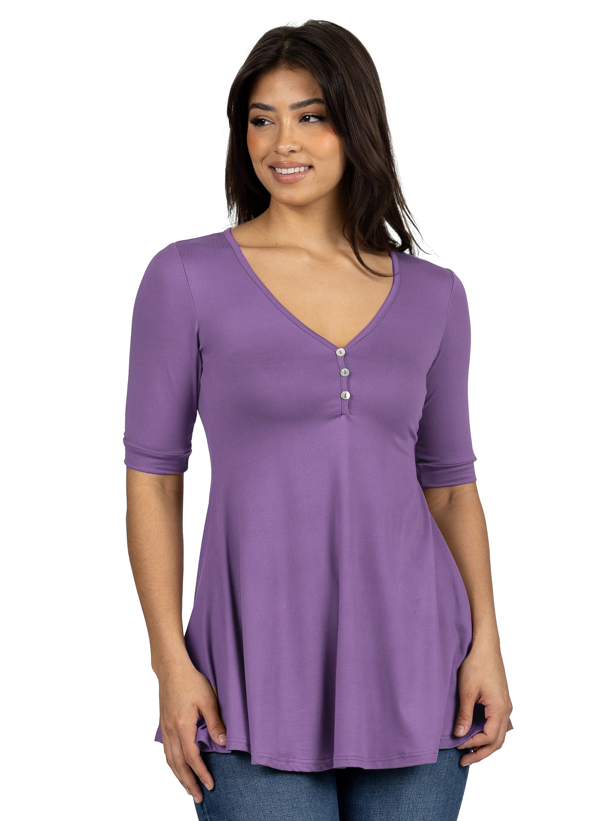 24seven Comfort Apparel Short Sleeve Tunic Top with Button Detail