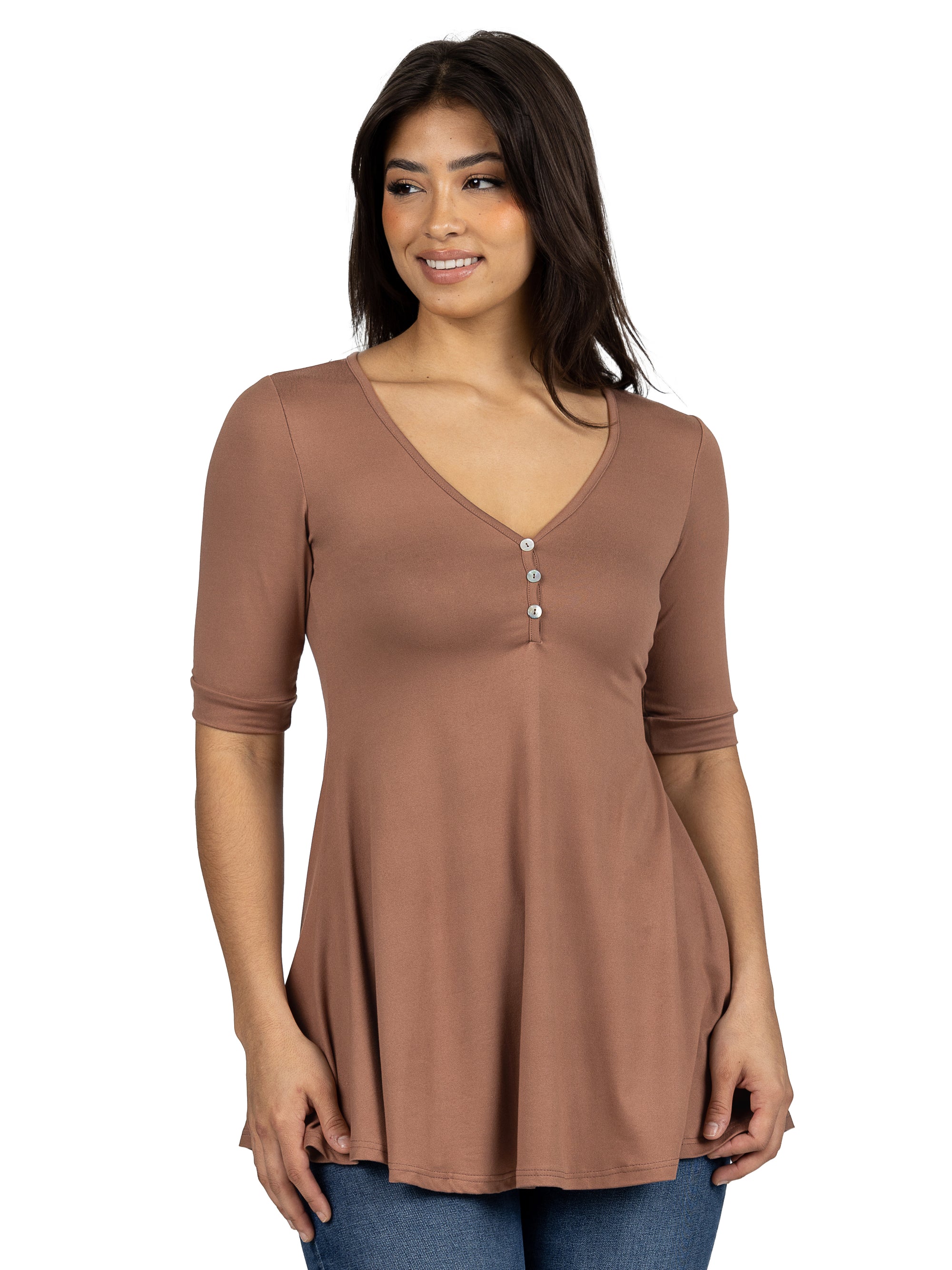 24seven Comfort Apparel Short Sleeve Tunic Top with Button Detail