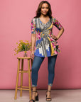 24seven Comfort Apparel Multicolor Floral Print Elbow Sleeve V Neck Henley Tunic Top