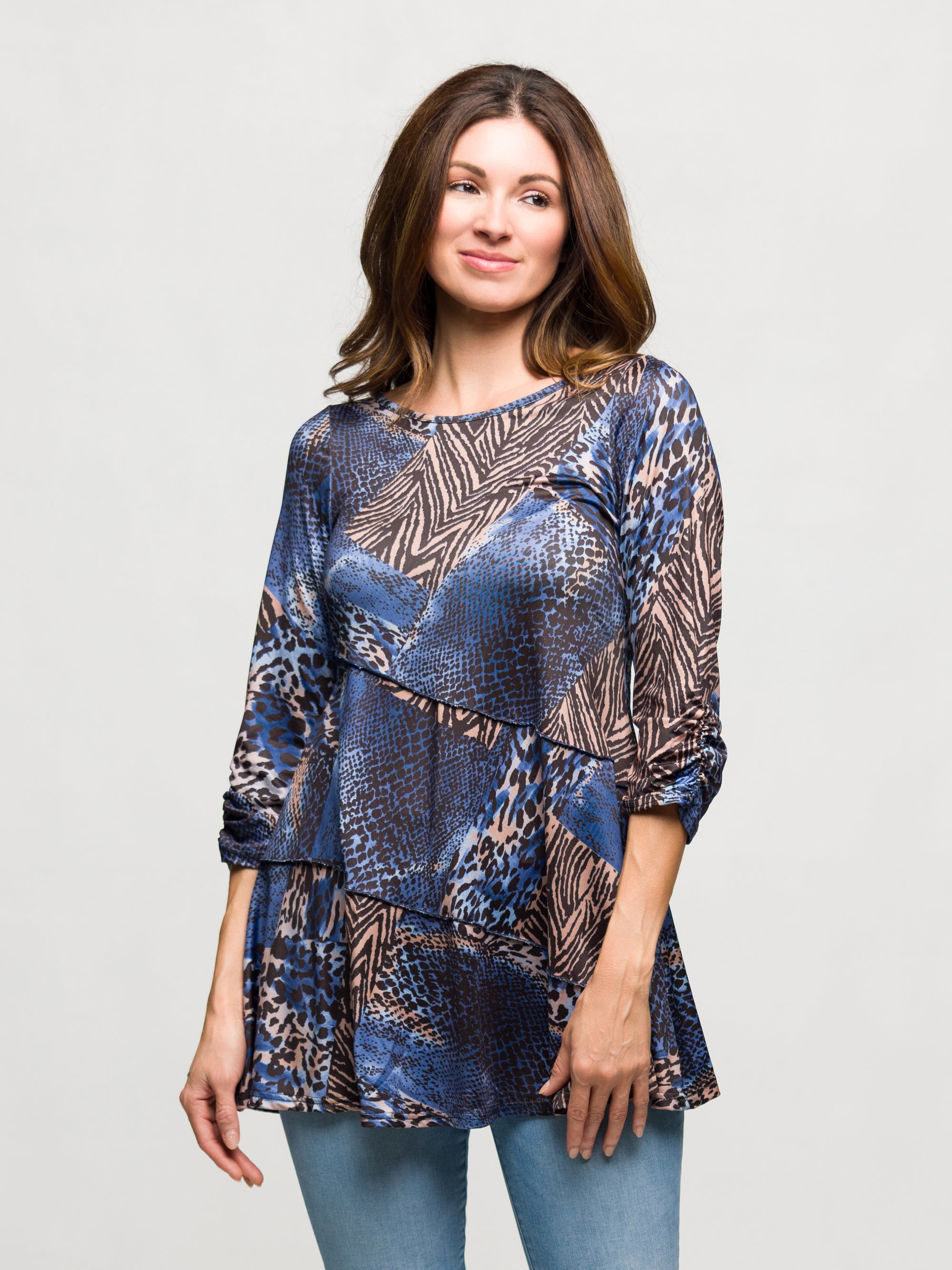 24seven Comfort Apparel Animal Print Three Quarter Sleeve Flared Tunic Top