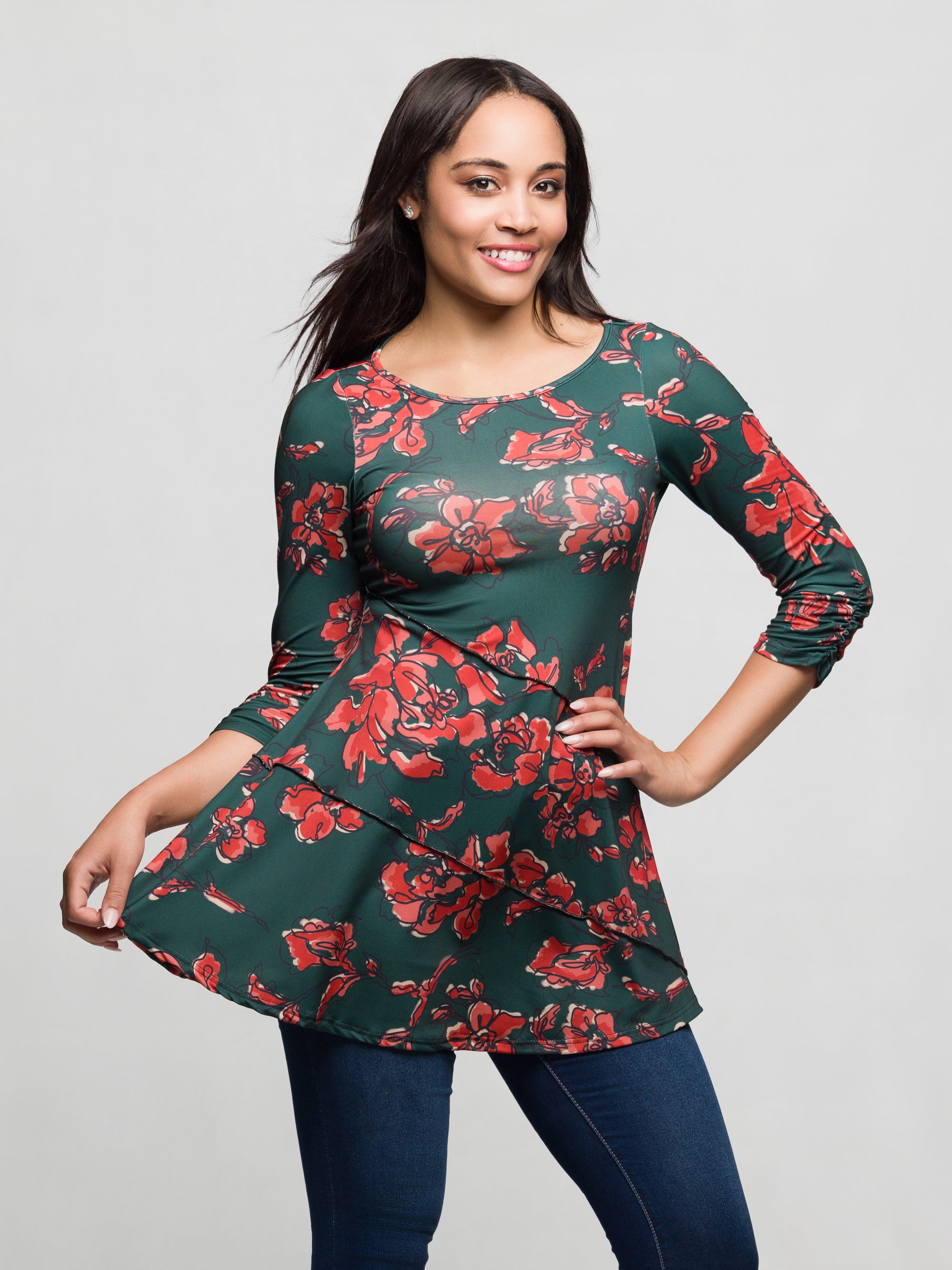 24seven Comfort Apparel Floral Print Round Neck Swing Tunic Top