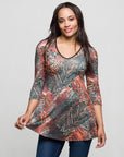 24seven Comfort Apparel Animal Print V Neck Three Quarter Sleeve Tunic Top
