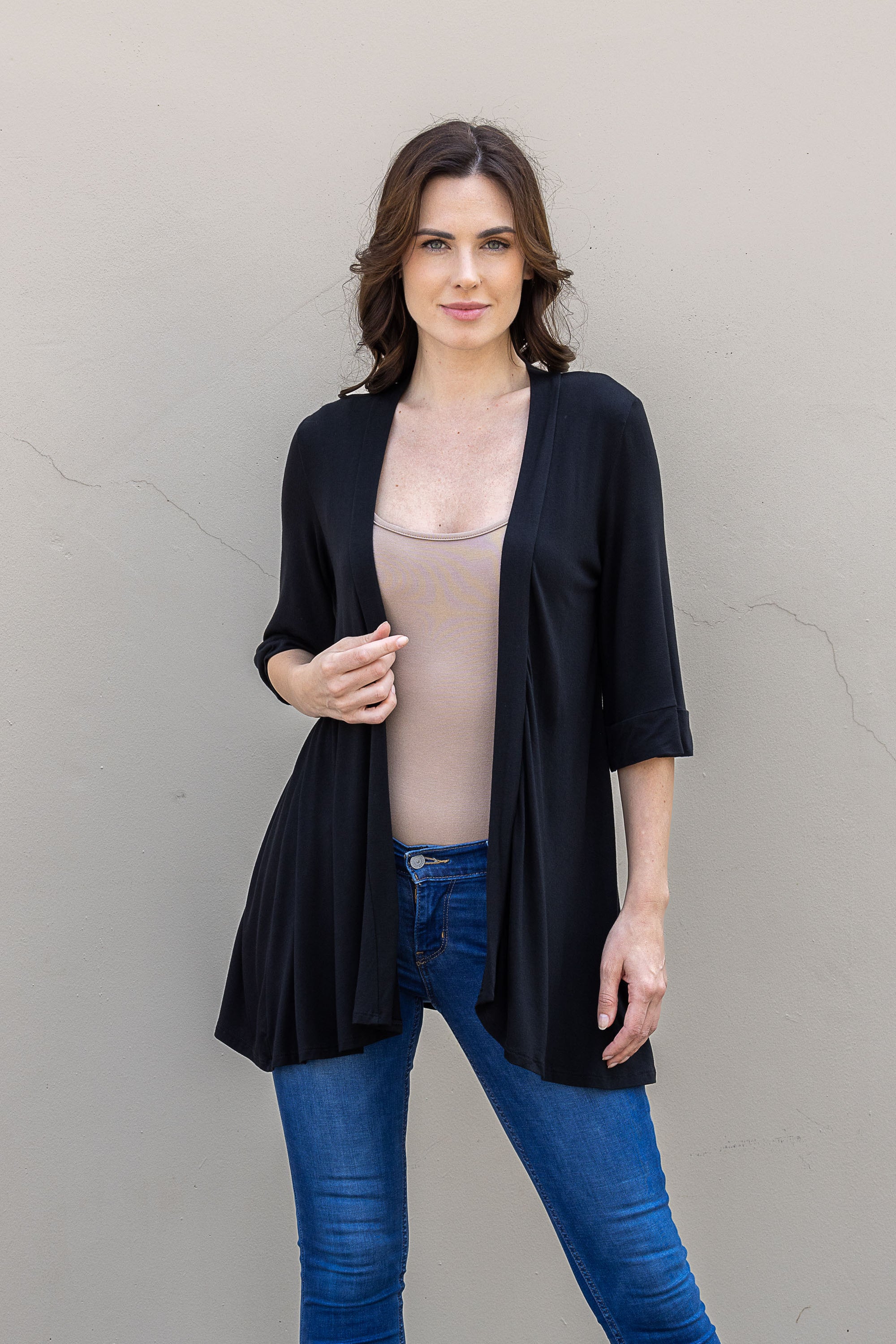 Open Front Elbow Length Sleeve Womens Cardigan
