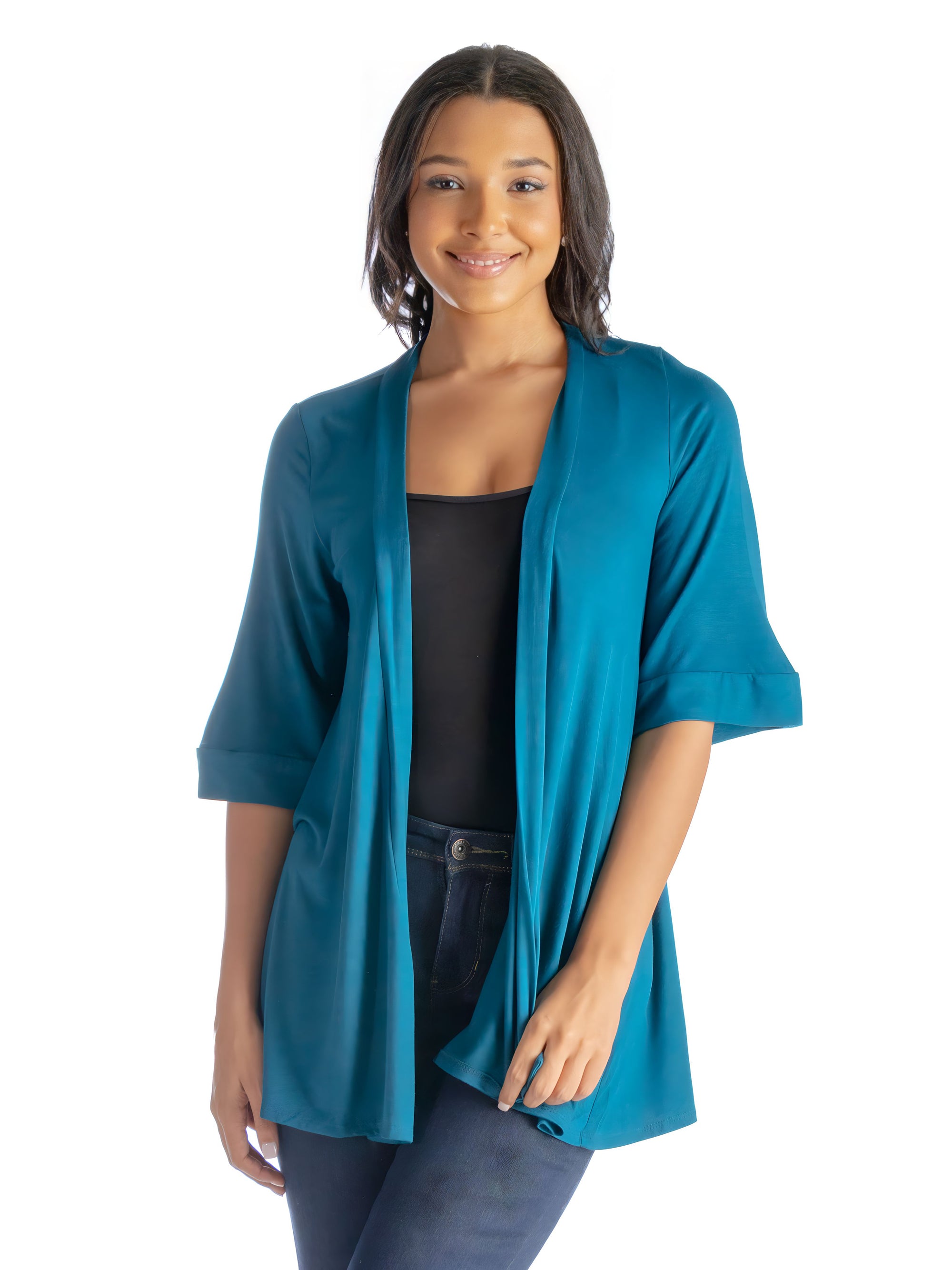 Open Front Elbow Length Sleeve Womens Cardigan