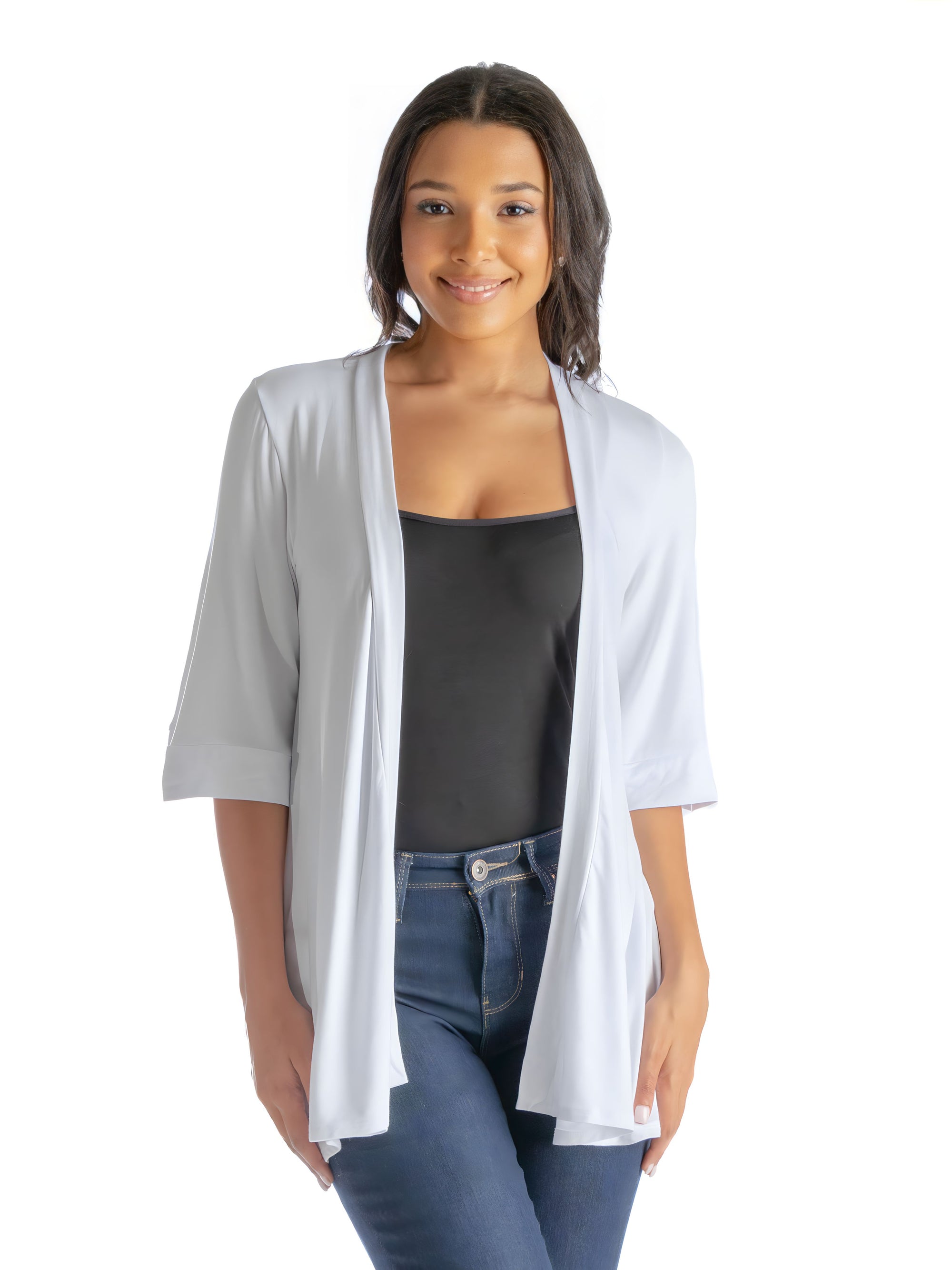 Open Front Elbow Length Sleeve Womens Cardigan
