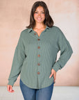 Ribbed Button Up Long Sleeve Collared Shirt Jacket