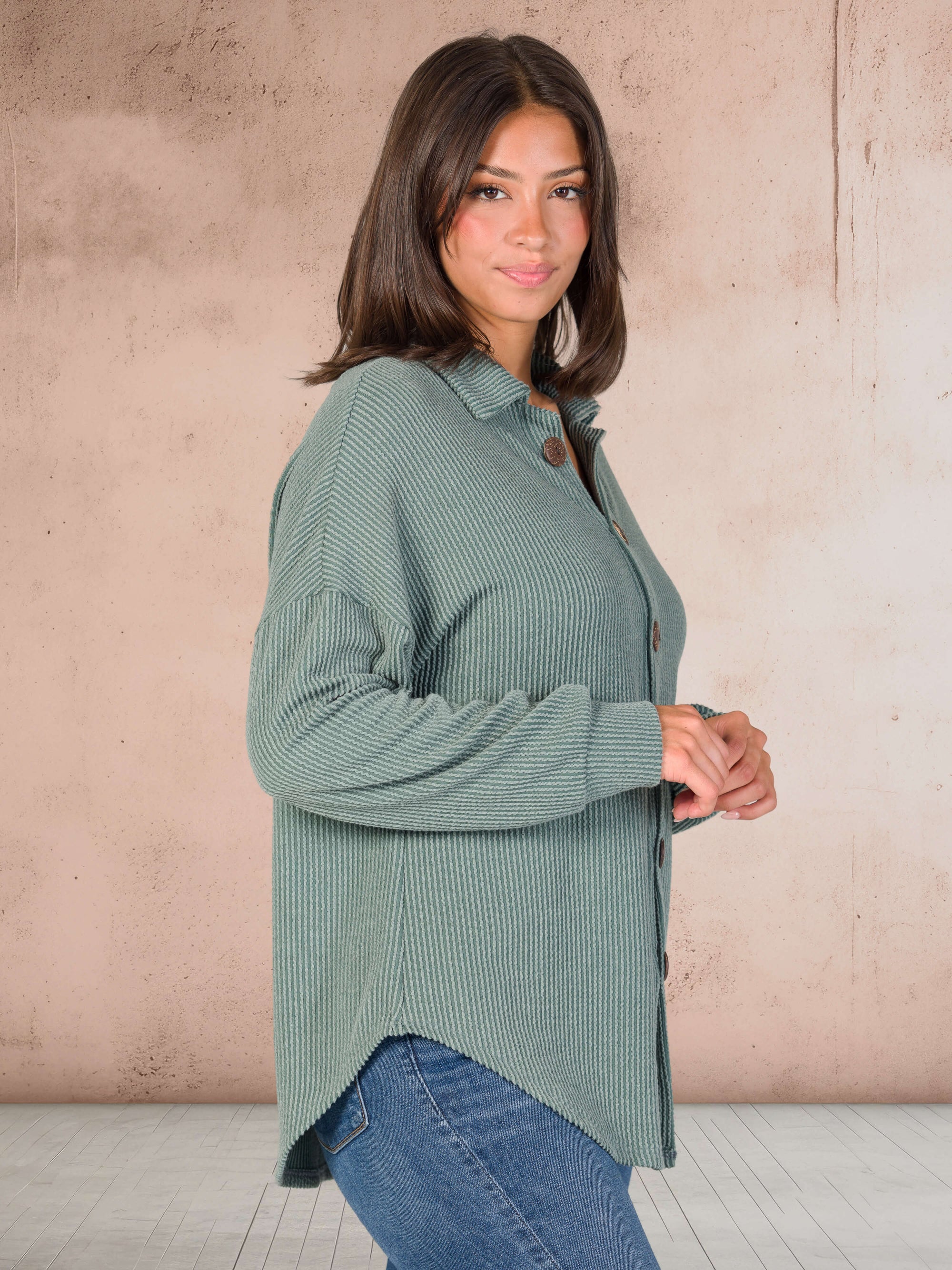 Ribbed Button Up Long Sleeve Collared Shirt Jacket