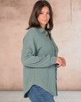 Ribbed Button Up Long Sleeve Collared Shirt Jacket