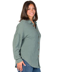 Ribbed Button Up Long Sleeve Collared Shirt Jacket