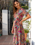 Womens Pink Paisley Short Sleeve Tie Waist Midi Dress