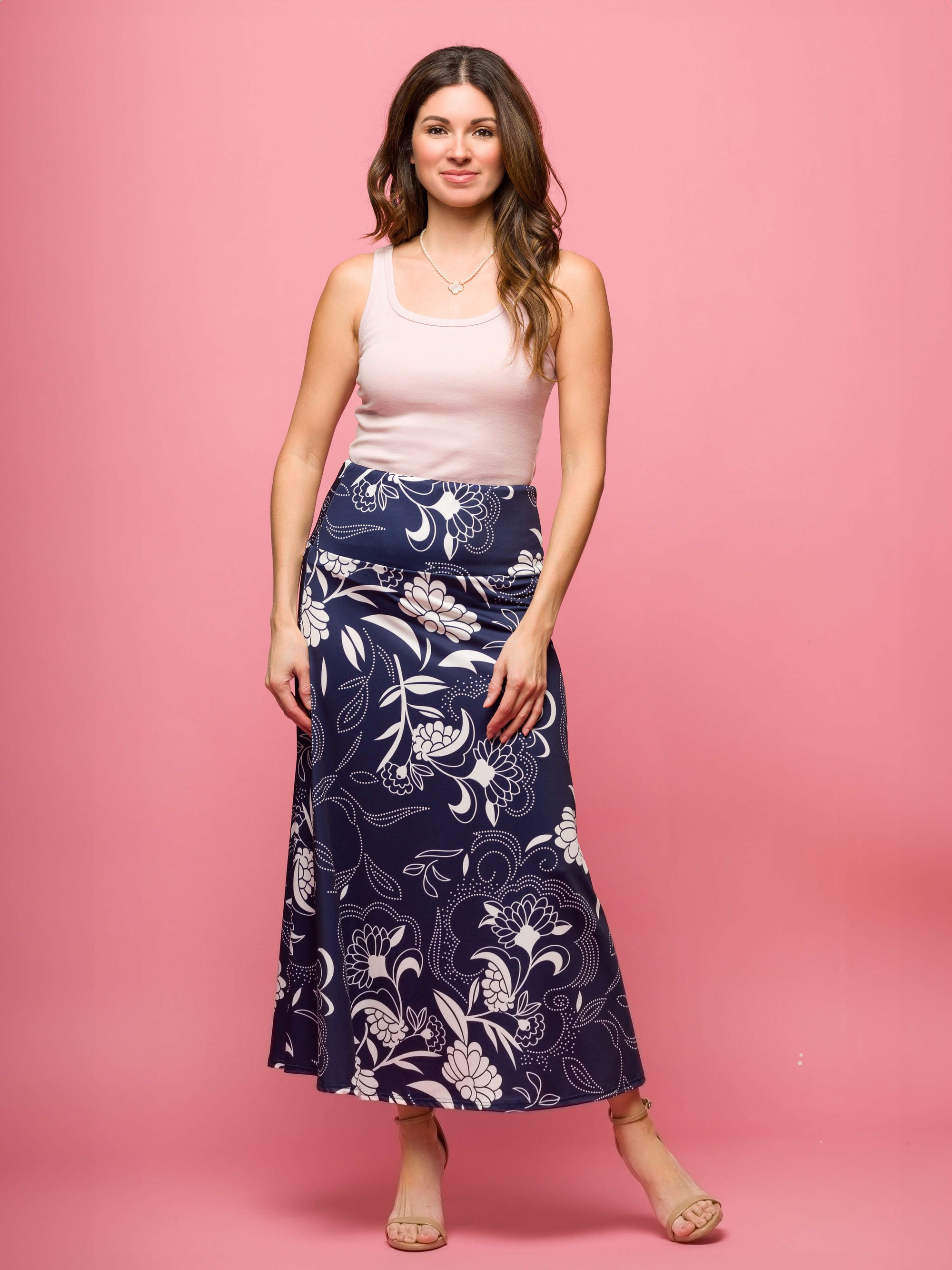 24seven Comfort Apparel Womens Navy Floral Print Elastic Waist A Line Maxi Skirt