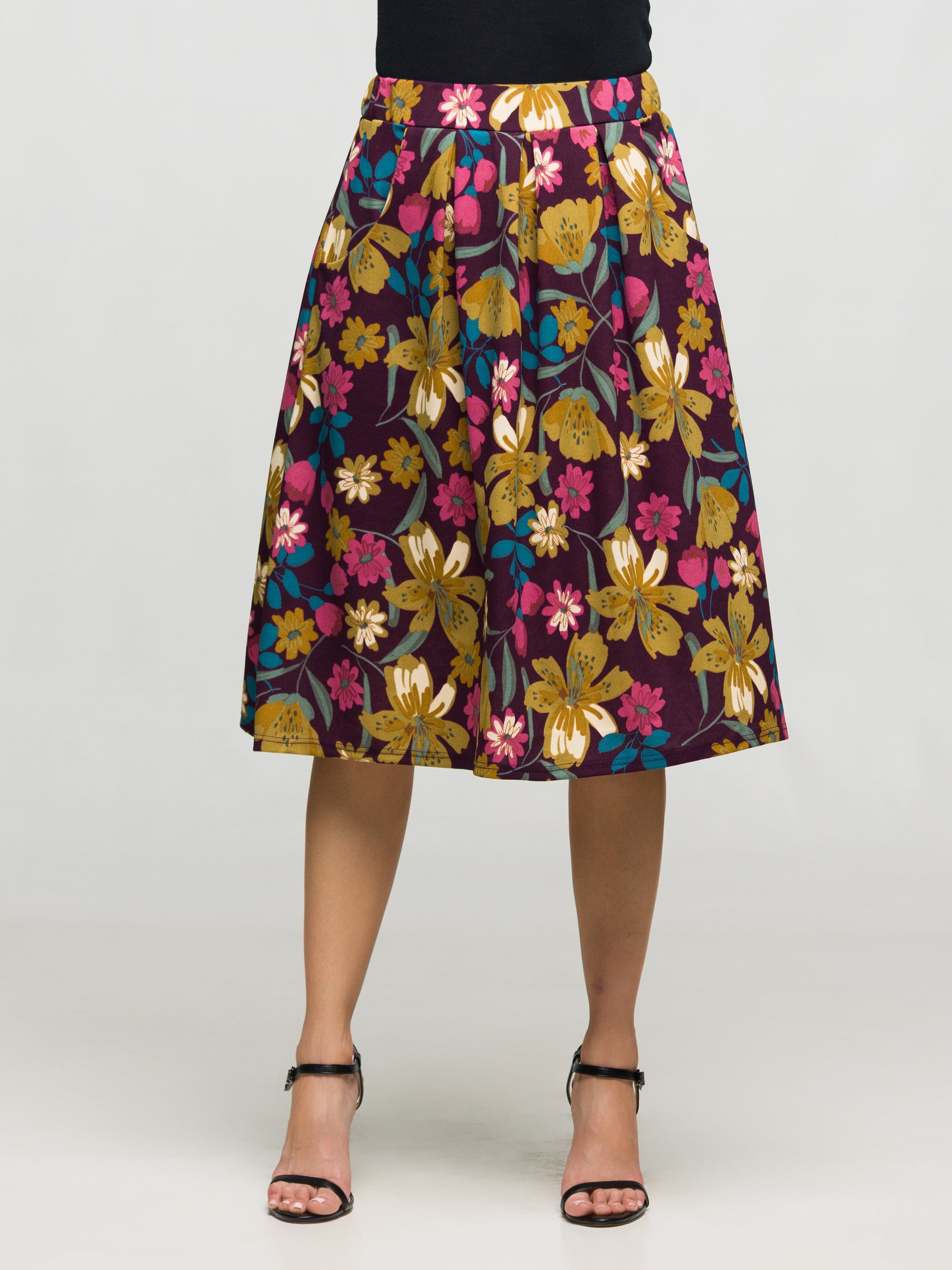 24seven Comfort Apparel Purple Floral Elastic Waist Pocket Midi Skirt