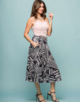 24seven Comfort Apparel Womens Black Geometric Print Elastic Waist Pocket Midi Skirt