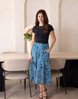 24seven Comfort Apparel Womens Teal Geometric Print Elastic Waist Pocket Midi Skirt