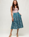 24seven Comfort Apparel Womens Teal Geometric Print Elastic Waist Pocket Midi Skirt