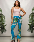 24seven Comfort Apparel Teal Paisley Print Bell Bottom Foldover Waist Pants