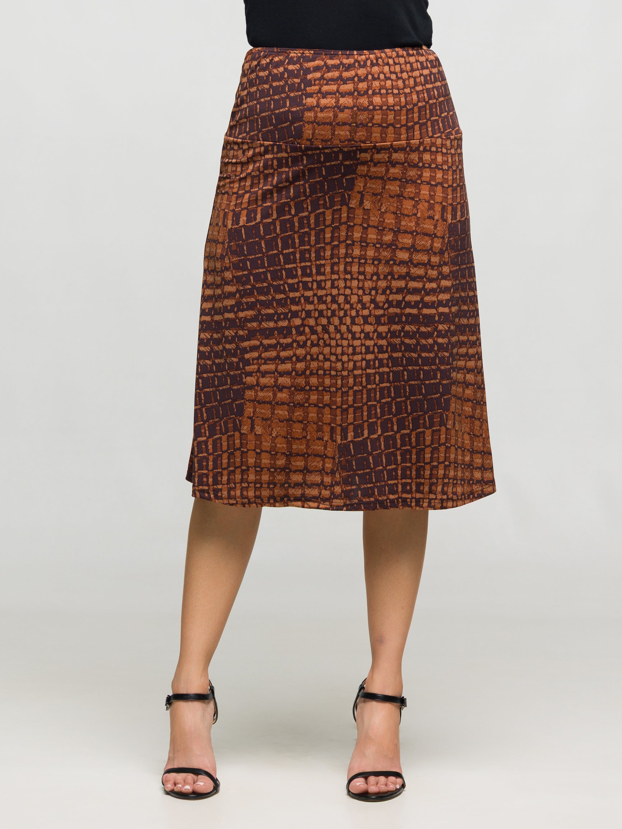 24seven Comfort Apparel Brown Geometric Print Knee Length Skirt