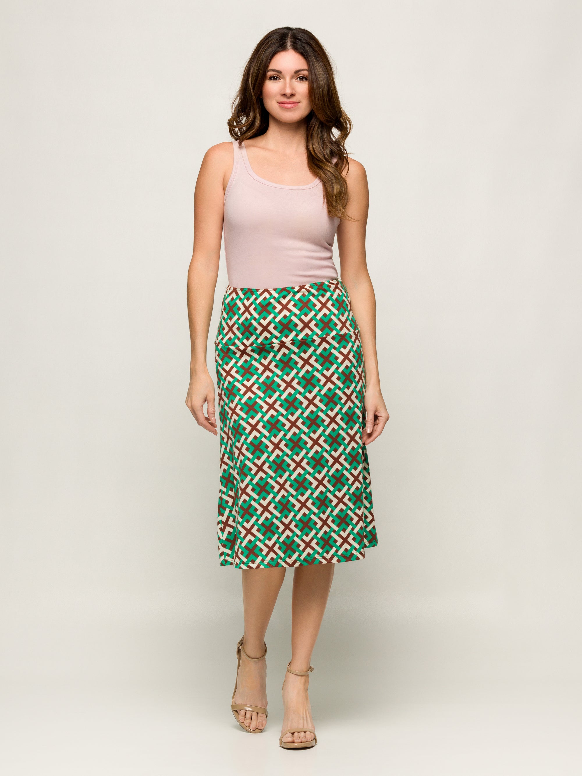 24seven Comfort Apparel Green Geometric Print Comfortable Elastic Waist Knee Length Skirt