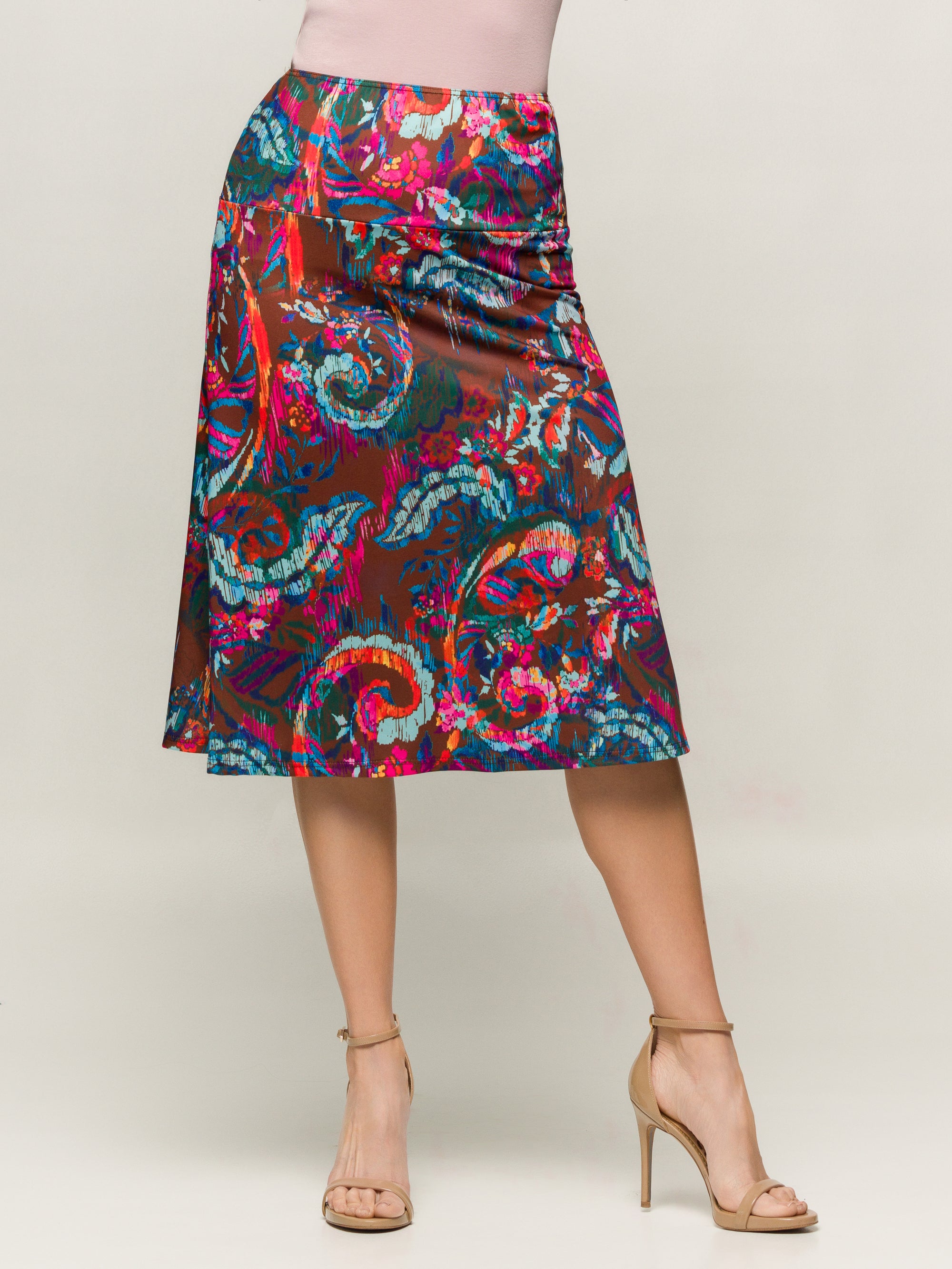 24seven Comfort Apparel Brown Paisley Print Comfortable Elastic Waist Knee Length Skirt