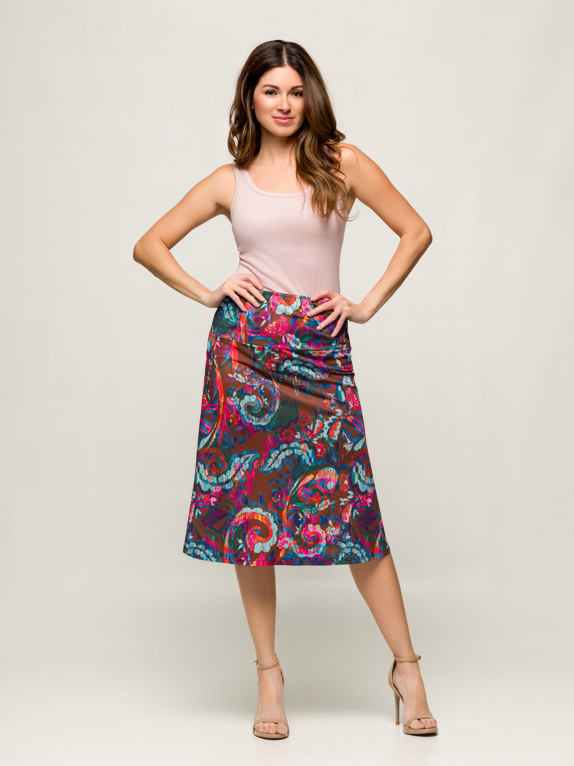 24seven Comfort Apparel Brown Paisley Print Comfortable Elastic Waist Knee Length Skirt