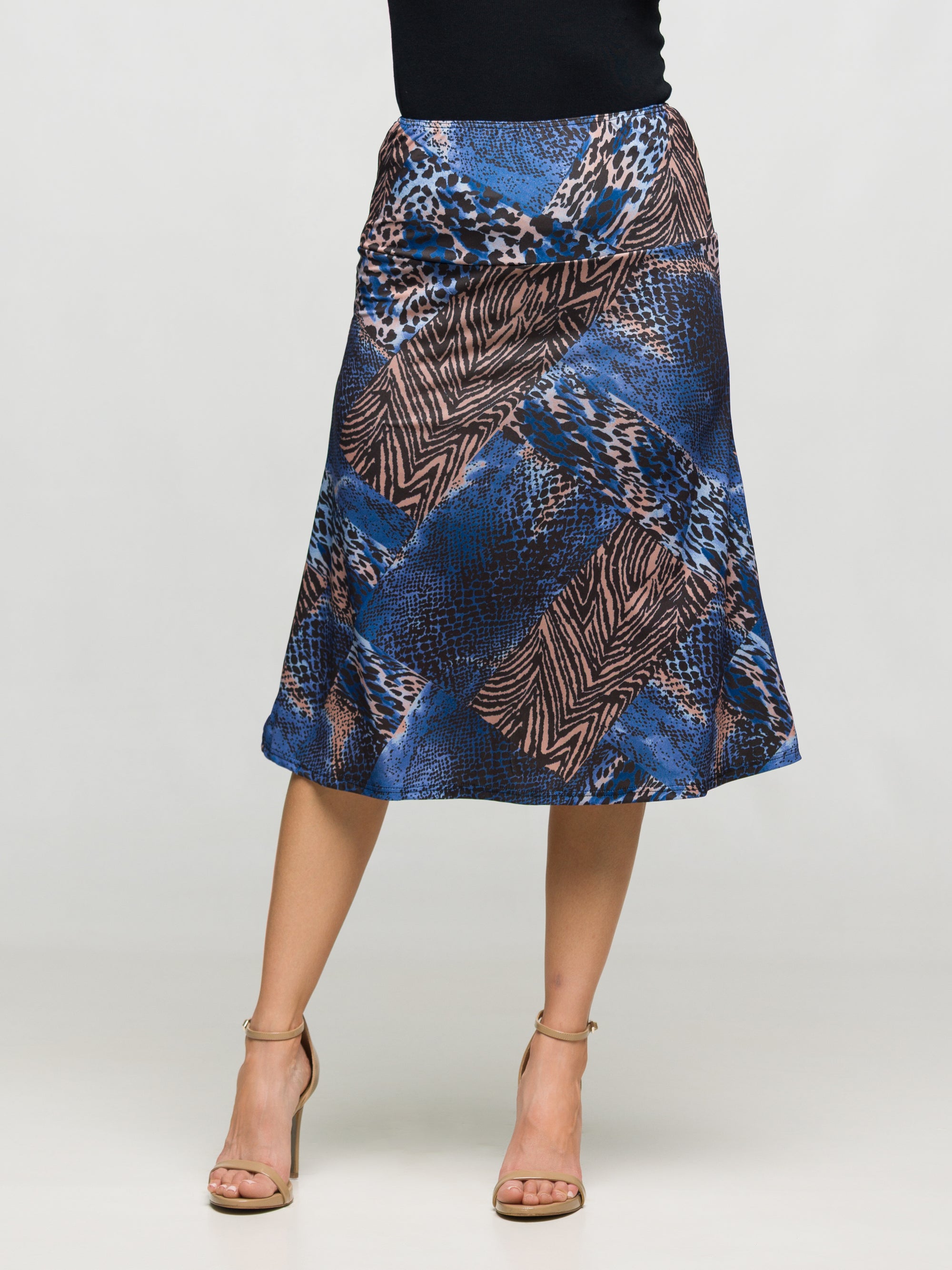 24seven Comfort Apparel Blue Animal Print Knee Length Skirt