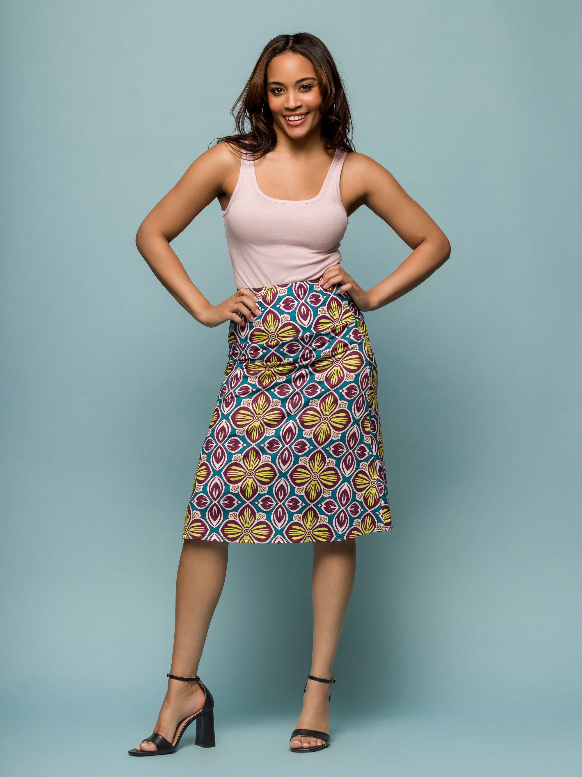 24seven Comfort Apparel Bright Floral Print Comfortable Elastic Waist Knee Length Skirt