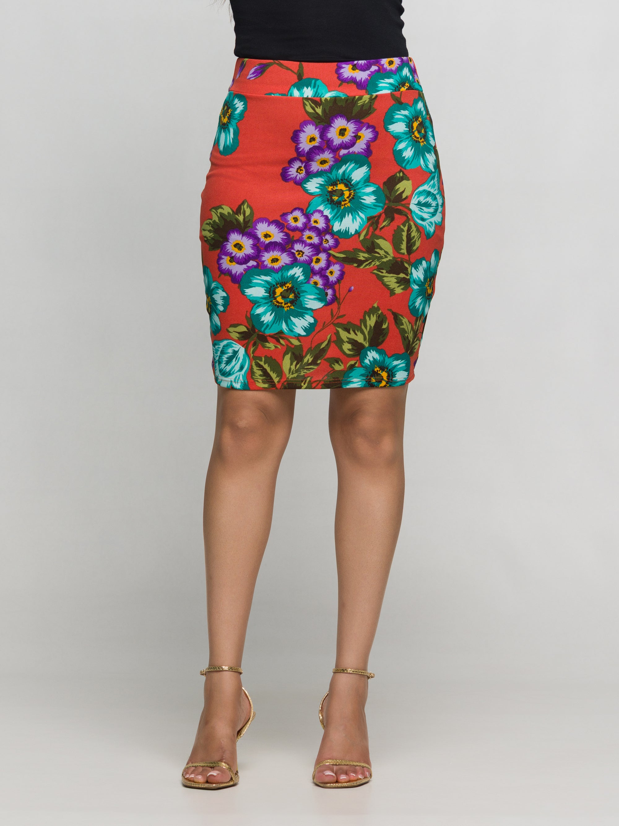 24seven Comfort Apparel Orange Floral Print Knee Length Pencil Skirt