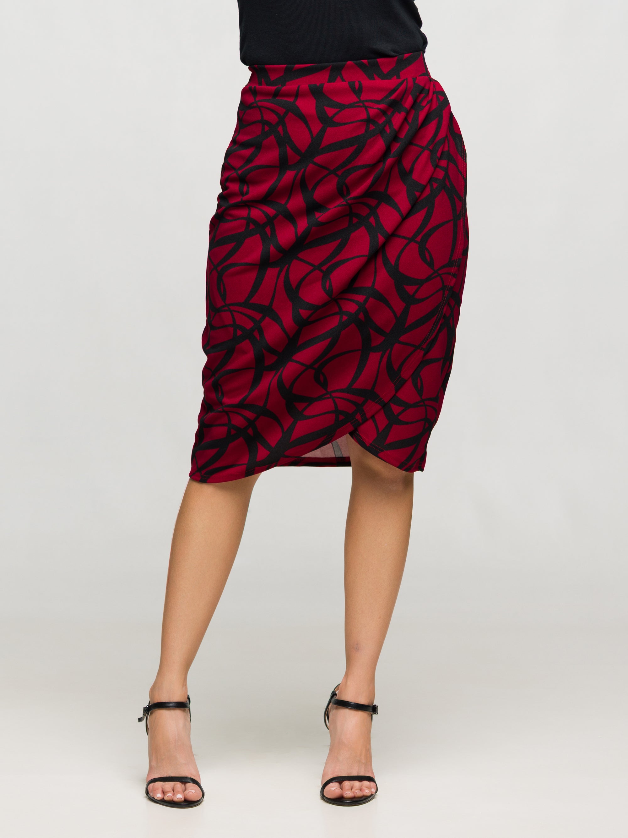 24seven Comfort Apparel Burgundy Print Ruched Knee Length Skirt