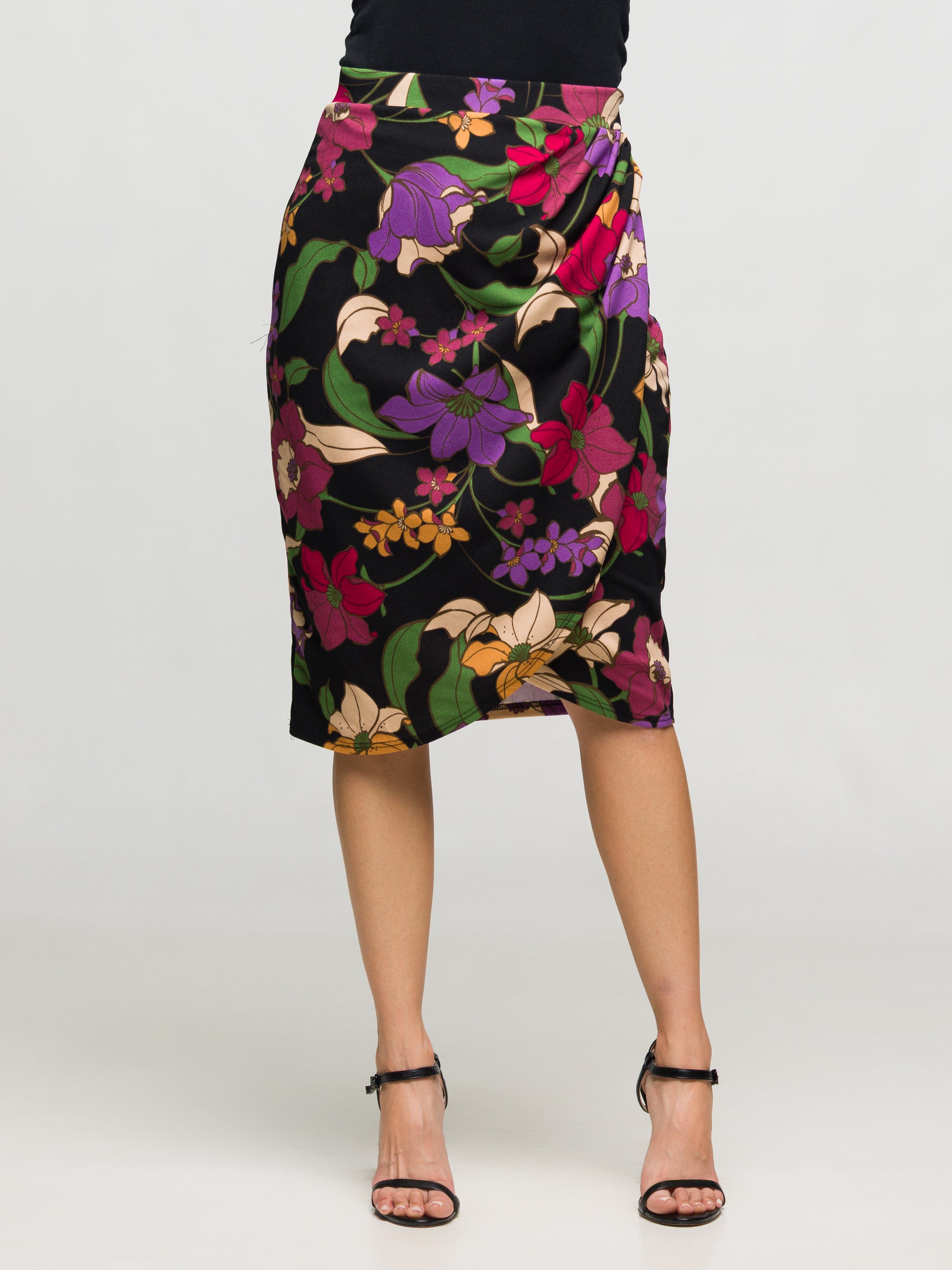 24seven Comfort Apparel Black Multi Floral Print Midi Pencil Skirt