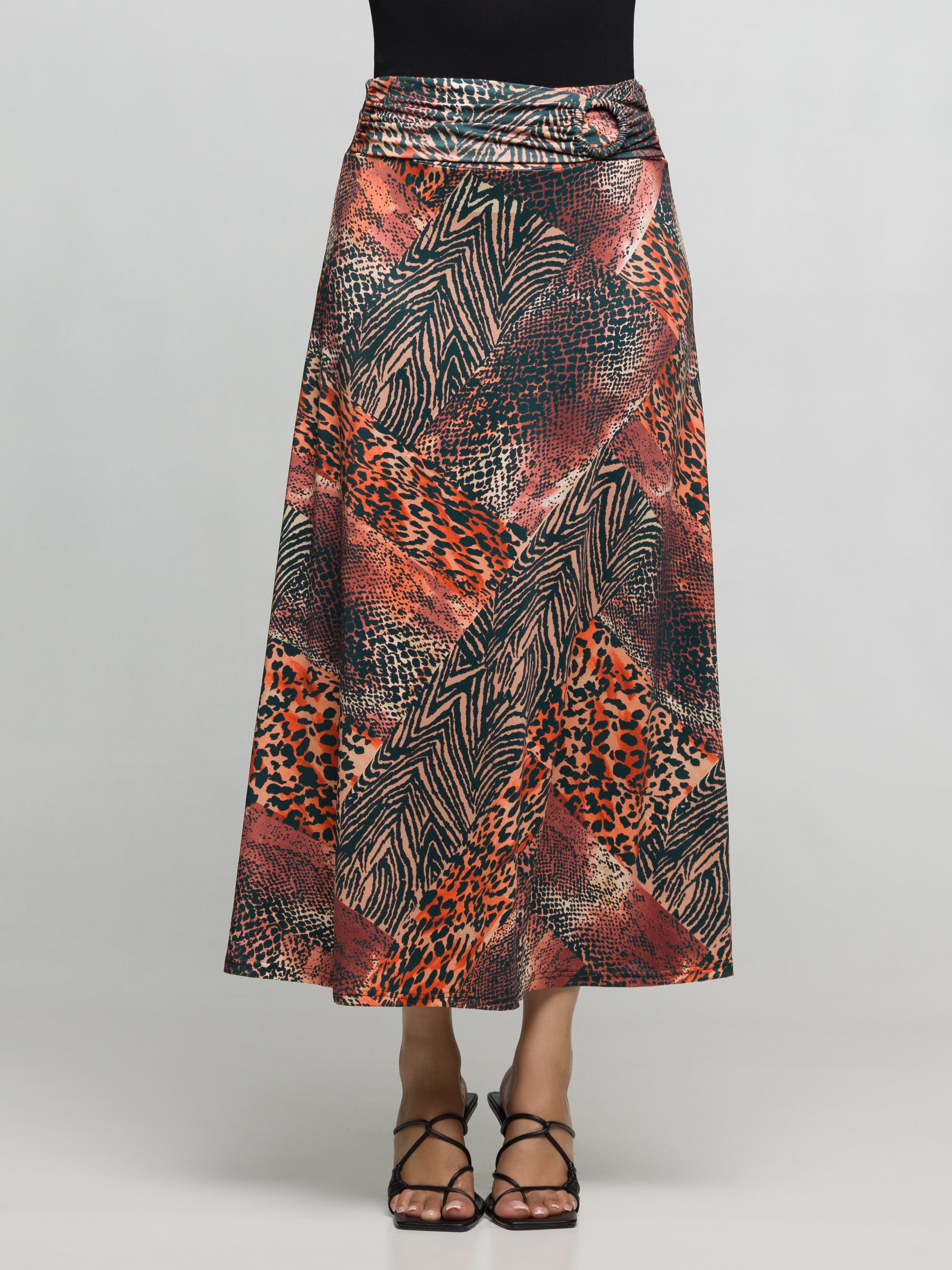 24seven Comfort Apparel Brown Animal Patchwork Print Maxi Skirt