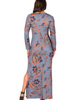 Grey Long Sleeve Side Slit Fitted Maxi Dress