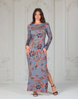 Grey Long Sleeve Side Slit Fitted Maxi Dress
