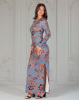 Grey Long Sleeve Side Slit Fitted Maxi Dress