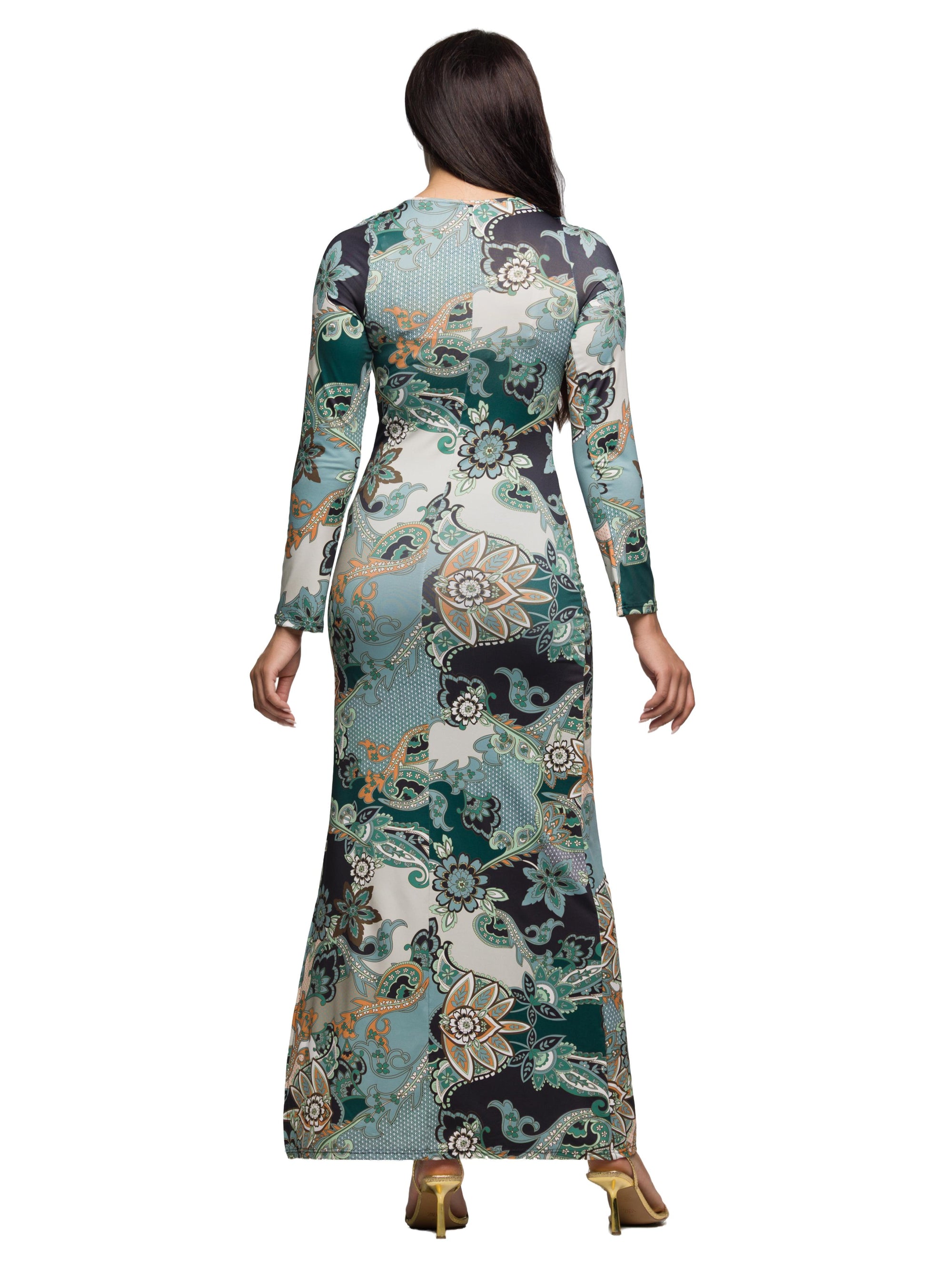 24seven Comfort Apparel Paisley Print Long Sleeve Side Slit Maxi Dress