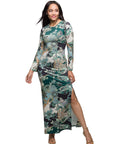 24seven Comfort Apparel Paisley Print Long Sleeve Side Slit Maxi Dress
