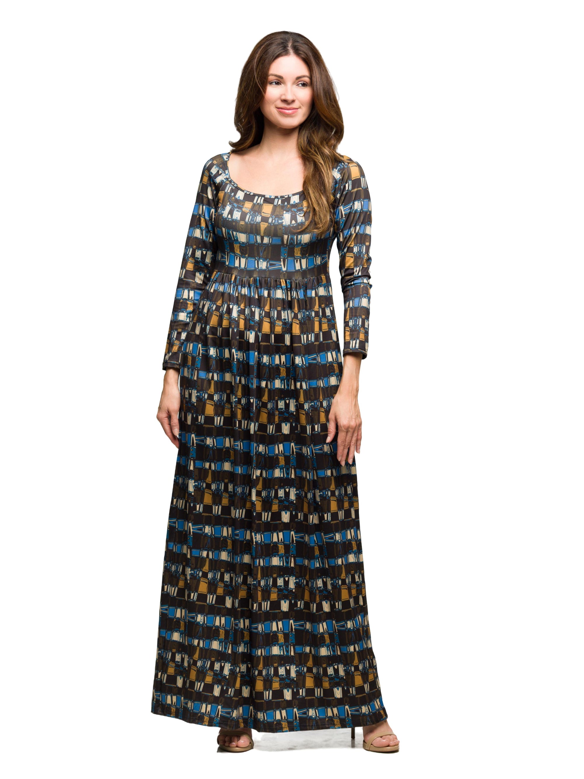 24seven Comfort Apparel Brown Geometric Print Long Sleeve Empire Waist Maxi Dress