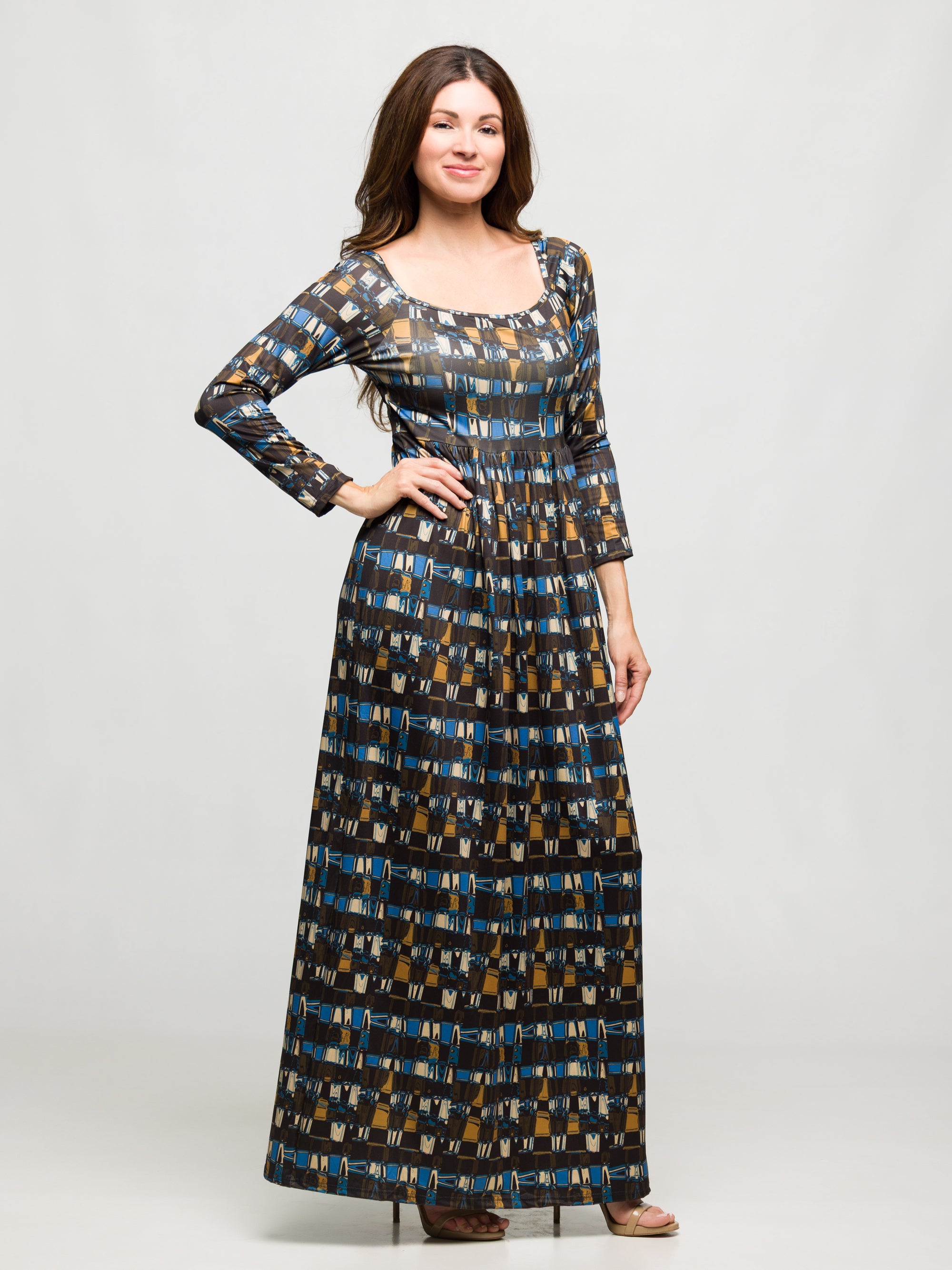 24seven Comfort Apparel Brown Geometric Print Long Sleeve Empire Waist Maxi Dress