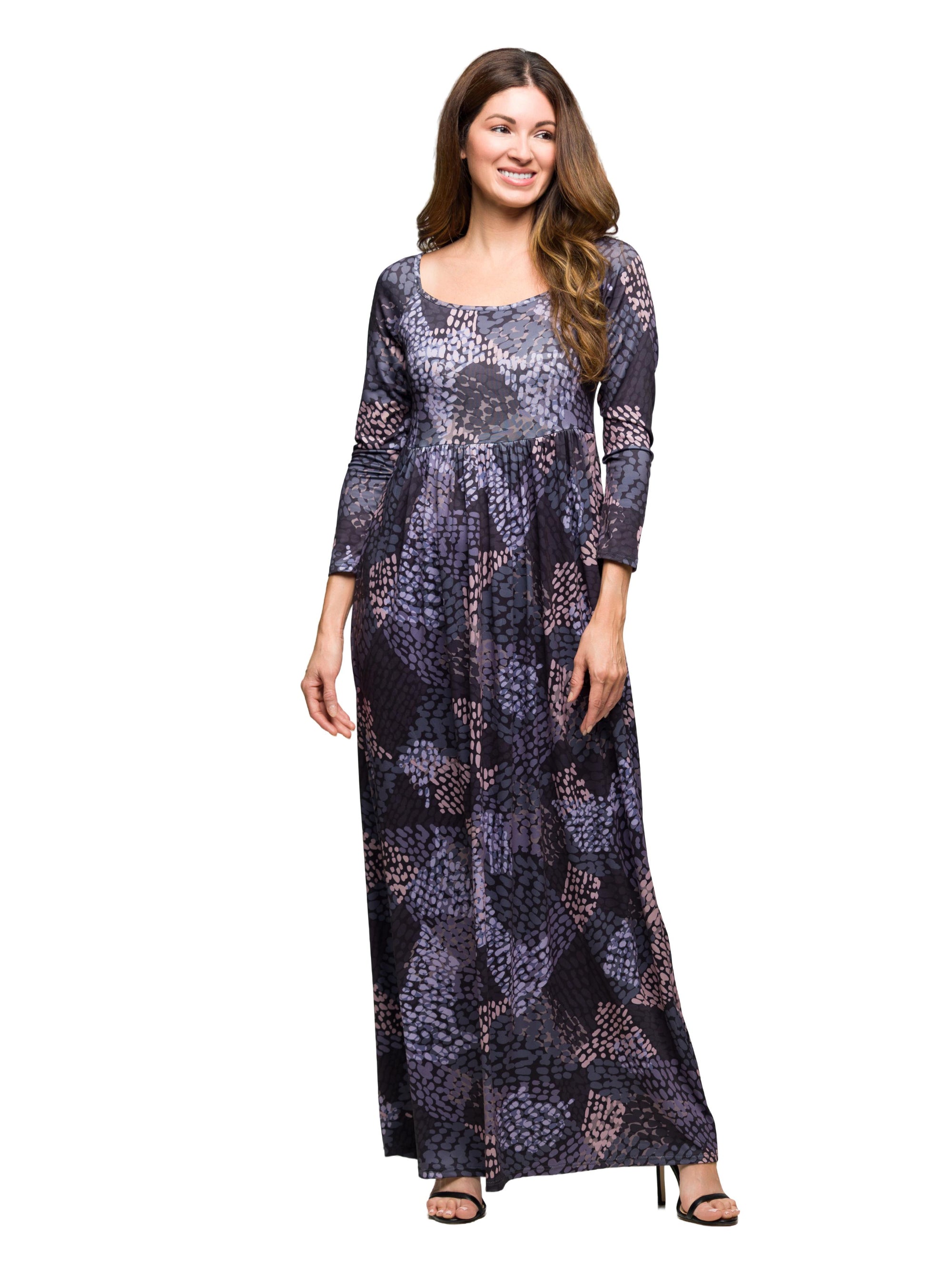 24seven Comfort Apparel Long Sleeve Empire Waist Maxi Dress in Grey Print