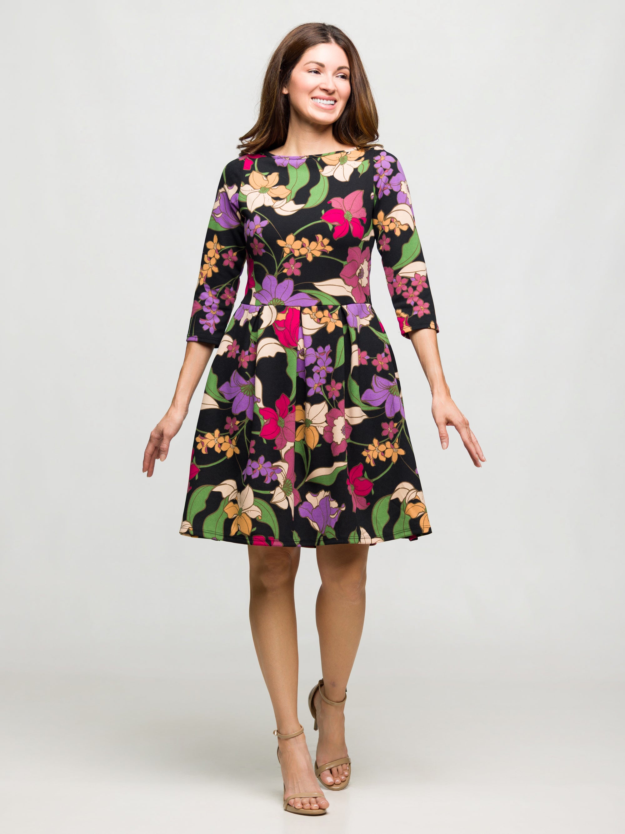 24seven Comfort Apparel Black Multicolor Floral Fit and Flare Pocket Knee Length Dress
