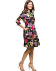 24seven Comfort Apparel Black Multicolor Floral Fit and Flare Pocket Knee Length Dress