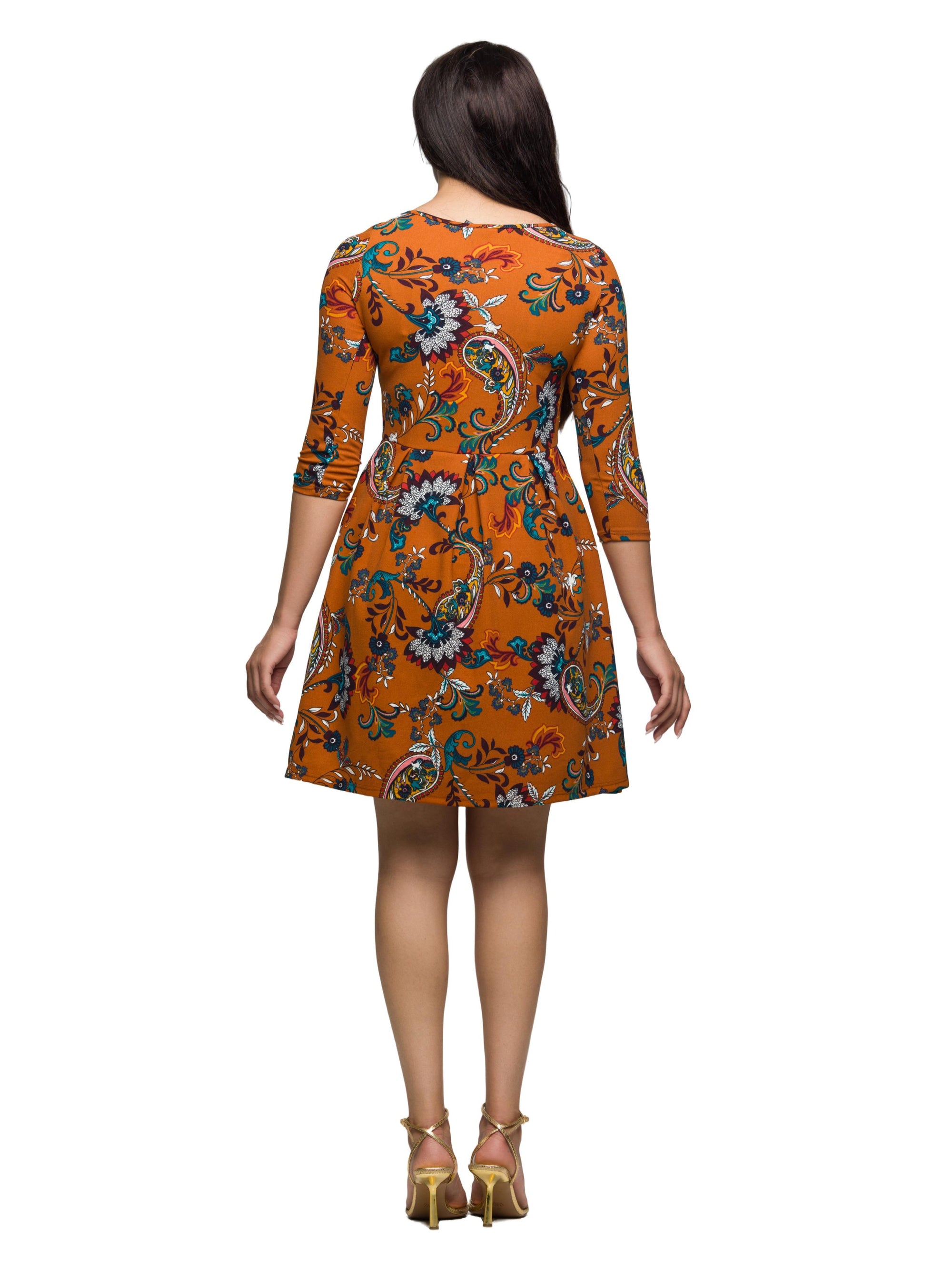 24seven Comfort Apparel Rust Paisley Print Fit Flare Knee Length Dress