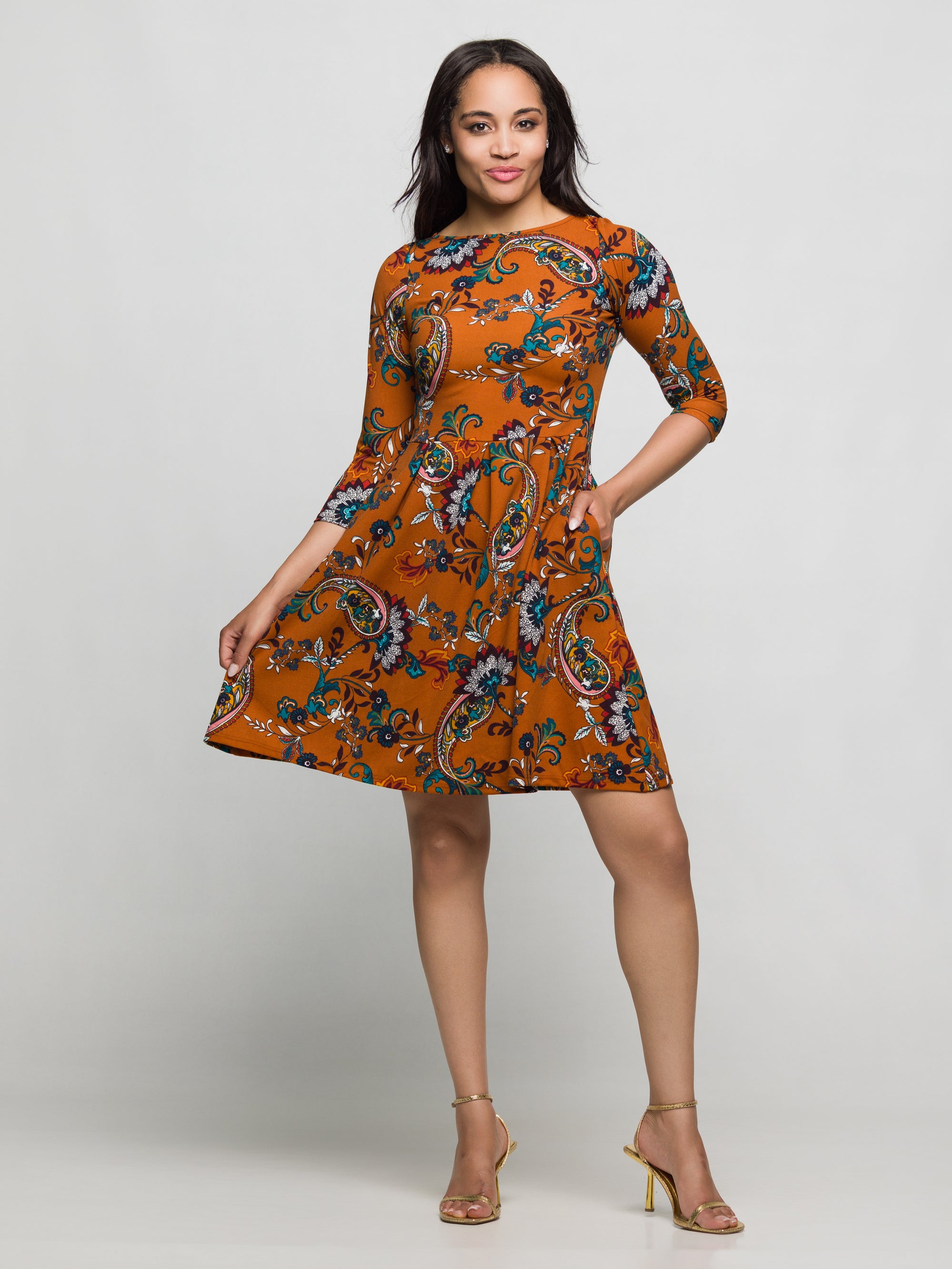 24seven Comfort Apparel Rust Paisley Print Fit Flare Knee Length Dress