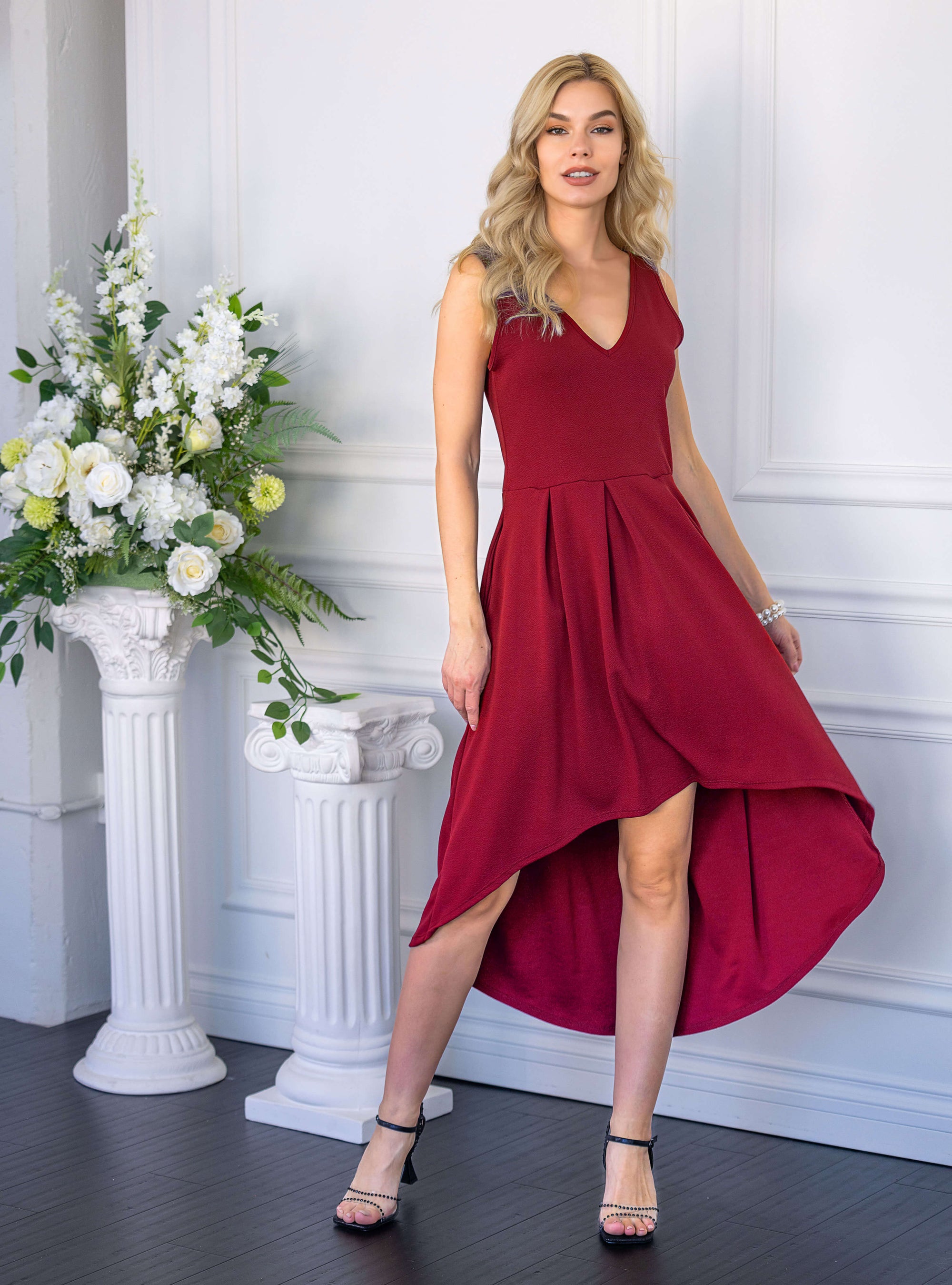 Womens Sleeveless Fit N Flare High Low Dress