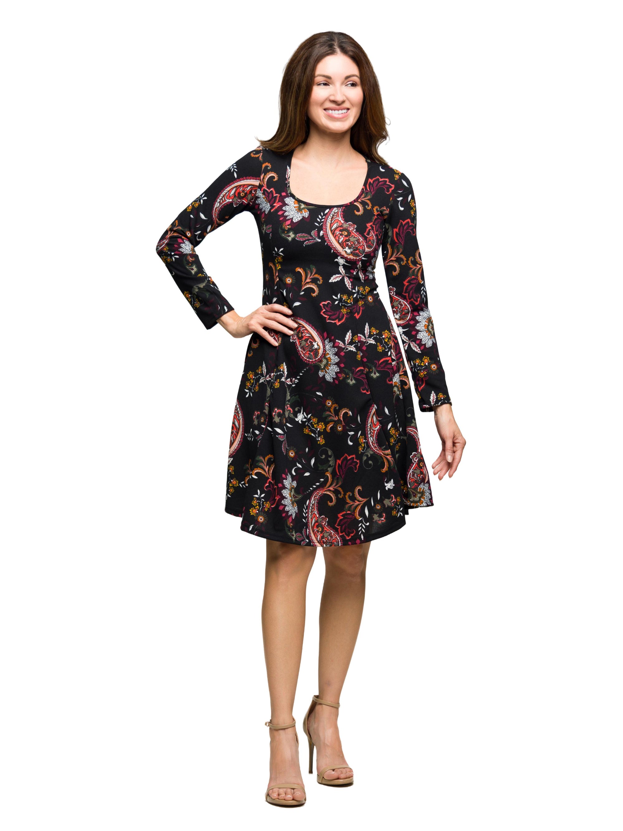 24seven Comfort Apparel Black Paisley Print Long Sleeve Fit and Flare Dress