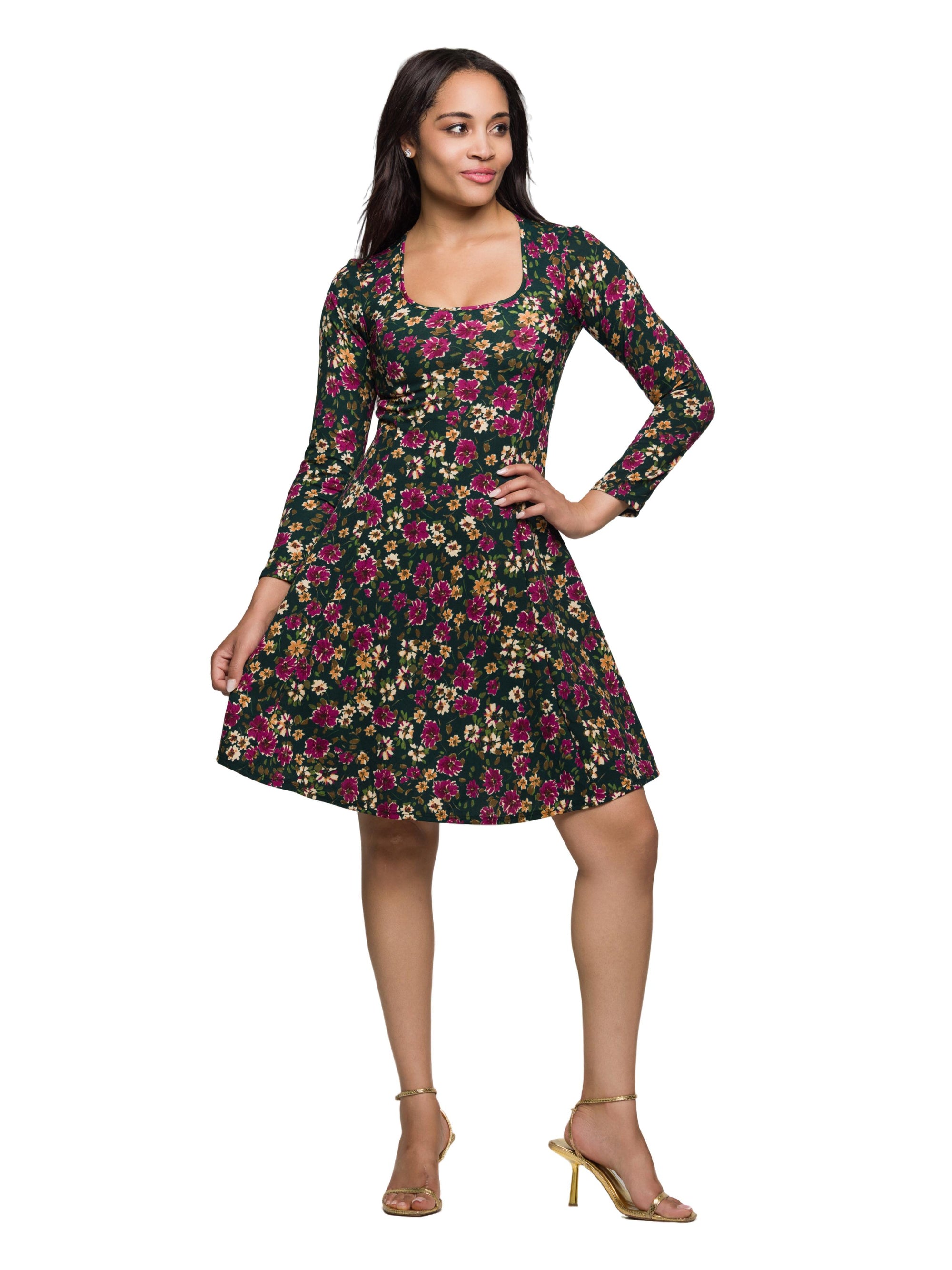 24seven Comfort Apparel Floral Print Long Sleeve Fit and Flare Mini Dress