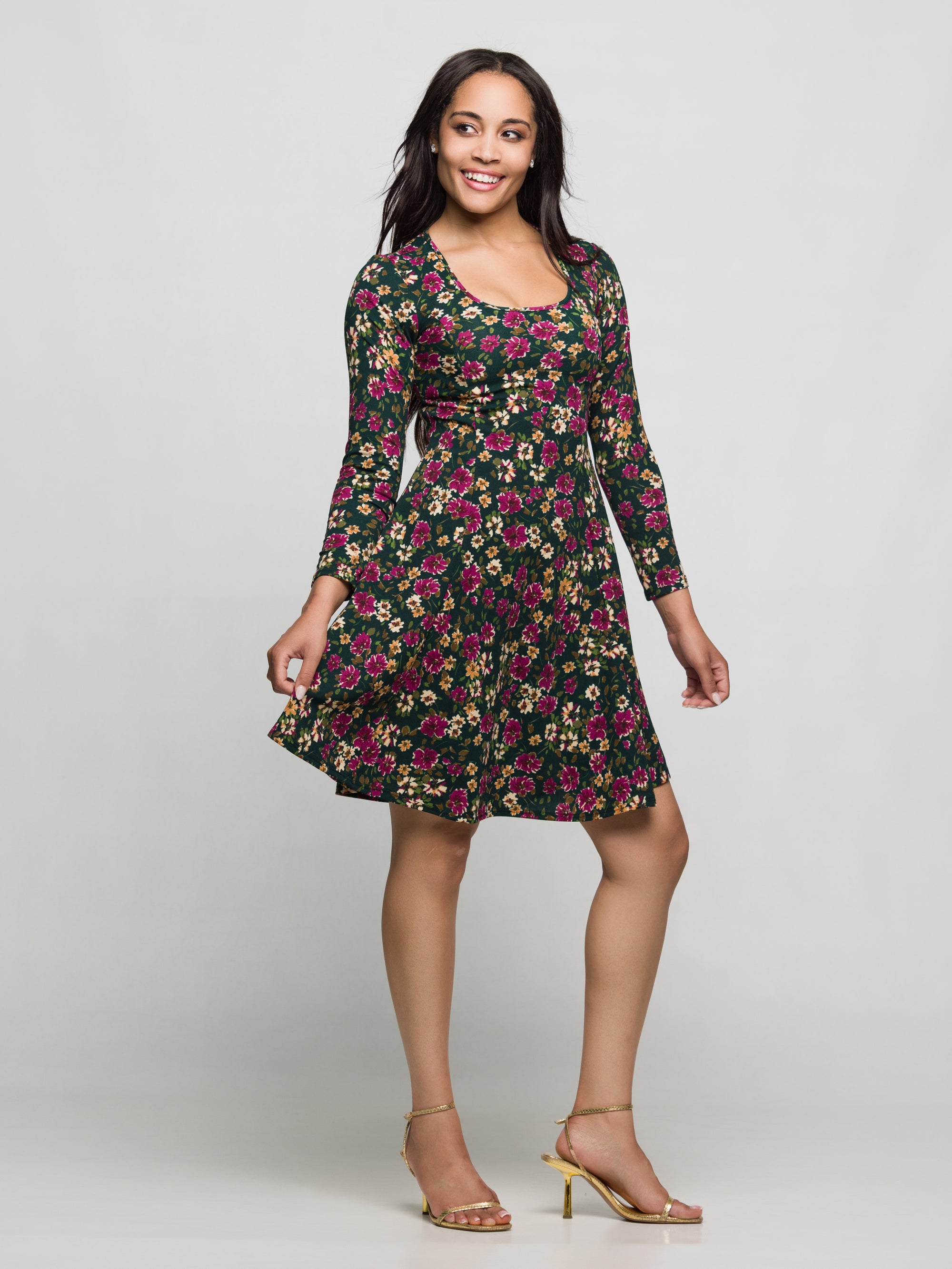 24seven Comfort Apparel Floral Print Long Sleeve Fit and Flare Mini Dress