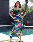 24seven Comfort Apparel Off Shoulder Multicolor Print Side Slit Maxi Dress