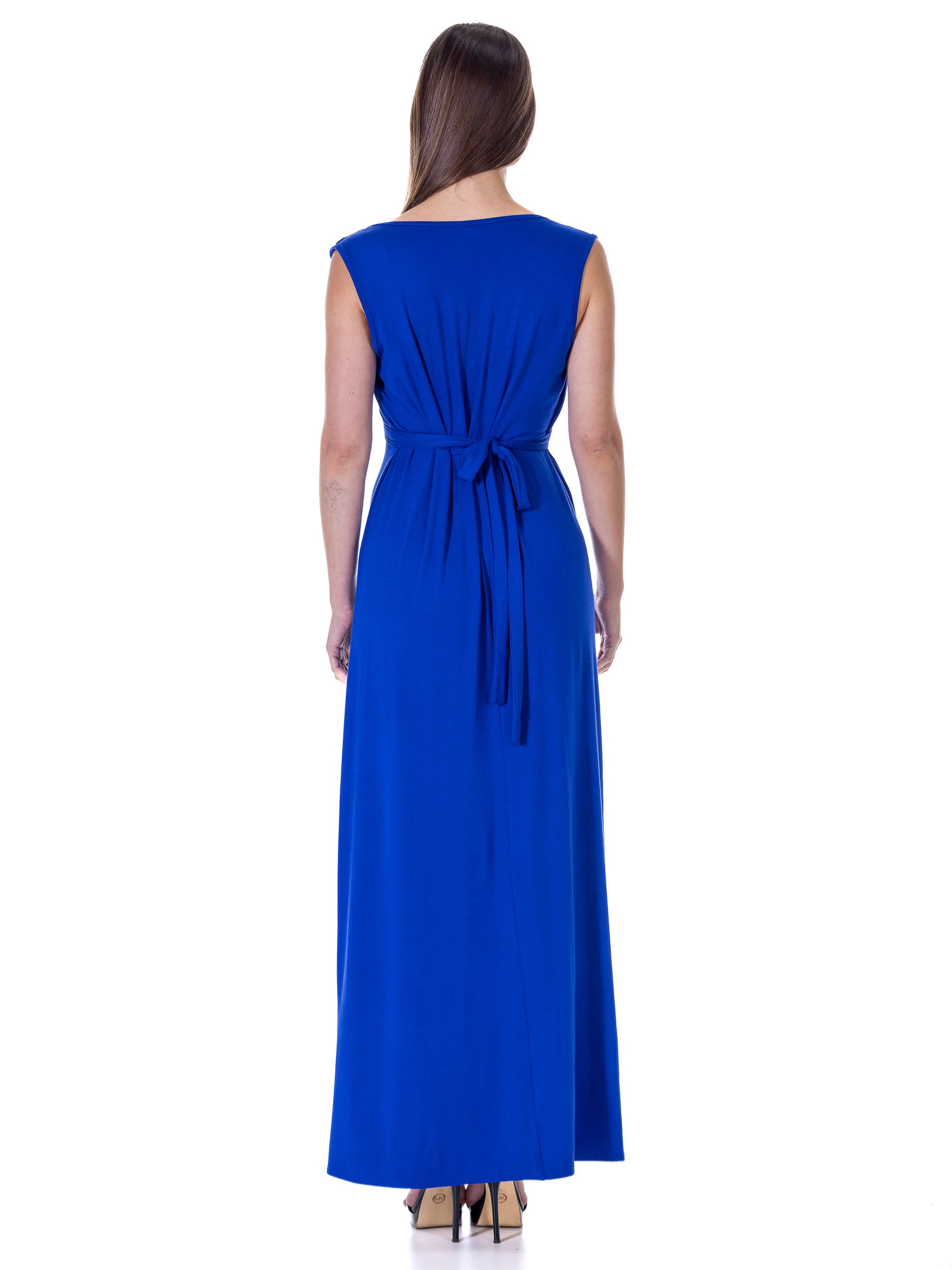 V Neck Sleeveless Belted Maxi Dress