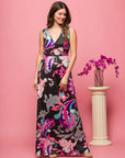 24seven Comfort Apparel Womens Black and Pink Print V Neck Empire Waist Sleeveless Maxi Dress