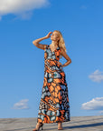 Womens Orange Butterfly Print V Neck Tie Back Empire Waist Sleeveless Maxi Dress
